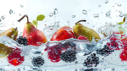Fresh fruits only red color fall in water. Ripe, juice apples, strawberries, blackberries and...