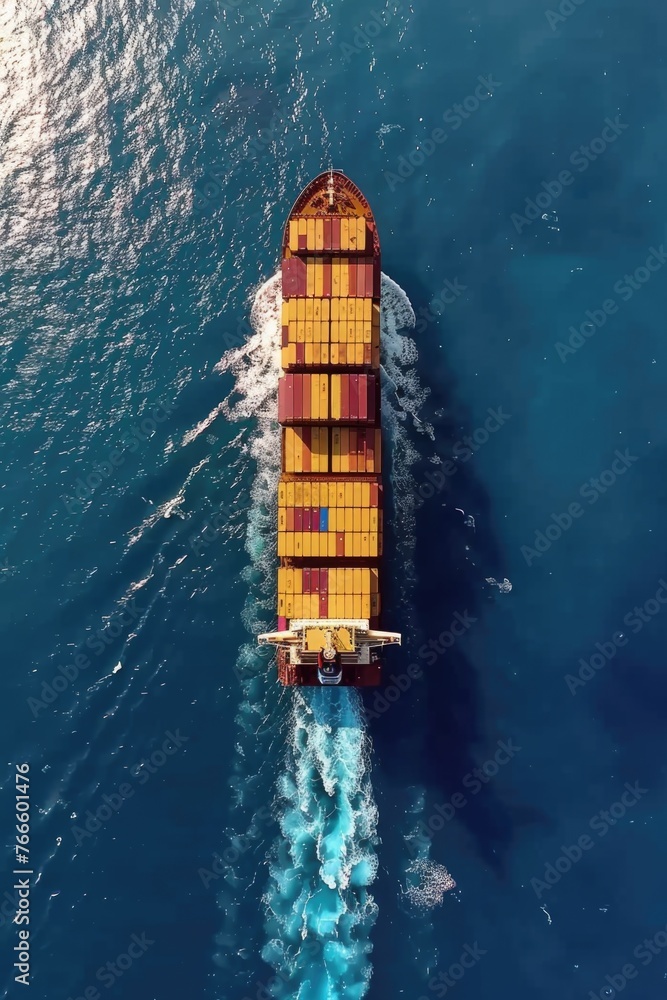 Poster A large container ship navigating through the vast ocean. Suitable for transportation and logistics concepts