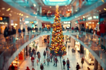 Fototapeta premium Blurred image of a bustling shopping mall during the festive Christmas season with shoppers and holiday preparations. Concept Holidays, Shopping, Festive Season, Crowds, Christmas