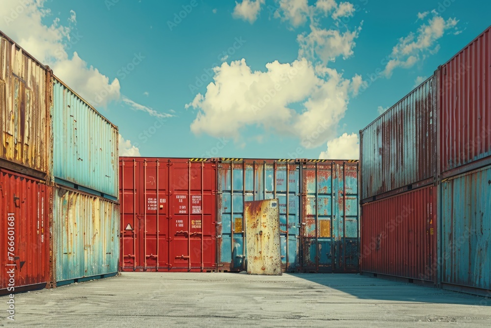 Poster a group of red and blue shipping containers. suitable for logistics and transportation concepts