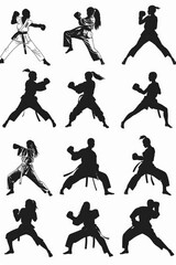 Silhouettes of people practicing karate, suitable for martial arts concepts