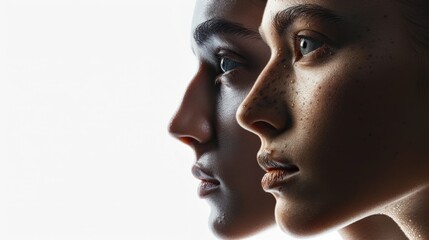 Close up portrait of two women with freckles, perfect for beauty and skincare concepts