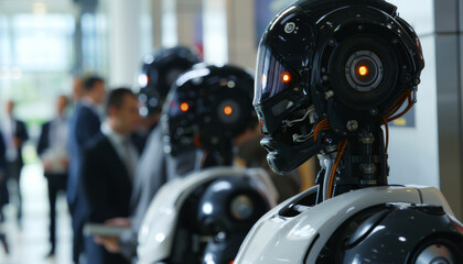 Fototapeta premium Robot Co-Workers: Businessmen find themselves collaborating with robotic colleagues in a futuristic office