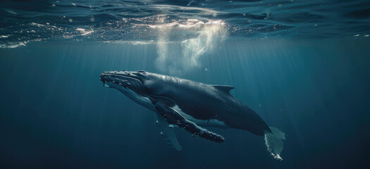 Majestic humpback whale gracefully swimming in the ocean, perfect for marine life concepts - obrazy, fototapety, plakaty