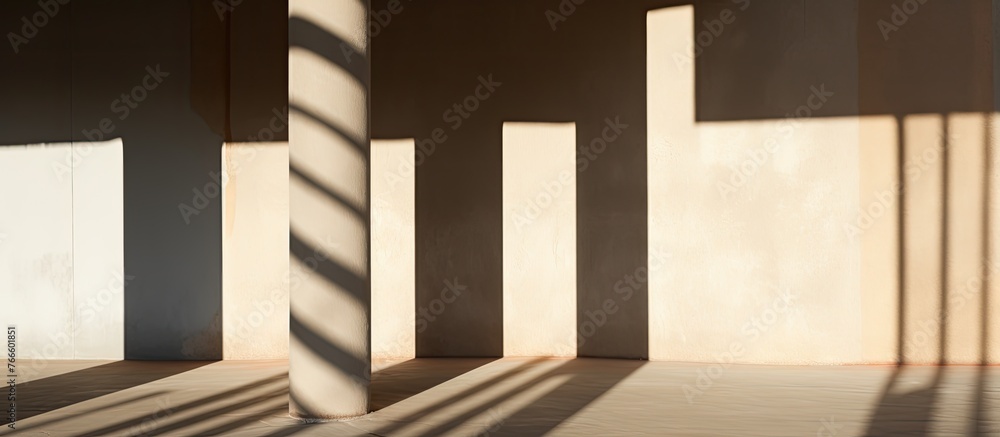 Poster the image features the shadows of a building's pillars projected on the walls of a room, creating an