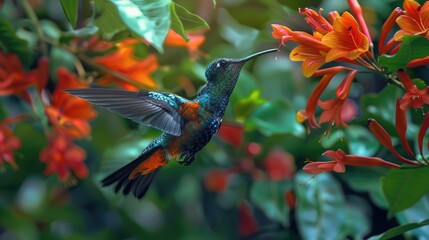 Naklejka premium A beautiful hummingbird flying near colorful flowers. Suitable for nature and wildlife themes