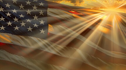 A majestic view of the American flag at sunrise, with rays of golden light piercing through the stripes, illuminating them against a serene morning sky.