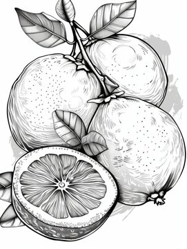 This is a detailed, black-and-white line drawing of a sliced lemon and whole lemons with leaves. The image has a painterly feel and would be great for use in a variety of projects.