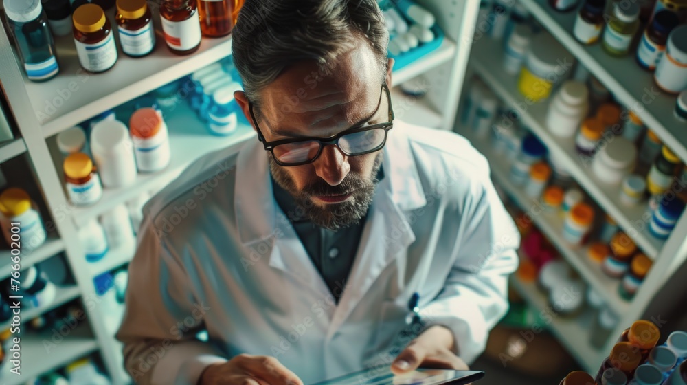 Poster A man in a lab coat looking at a tablet. Suitable for science and technology concepts