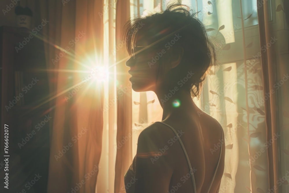 Poster a woman standing in front of a window with sunlight shining through. suitable for lifestyle or welln