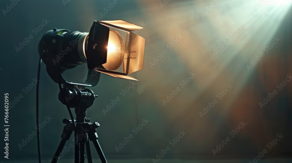 Poster a camera set up on a tripod in a dimly lit room. suitable for photography or videography concepts