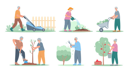 Set of elderly people in garden. Senior men and women planting, watering, mowing and harvesting. Agricultural workers gardening. Flat or cartoon vector illustration.
