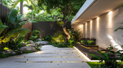 A large, open space with a white wall and a green wall. The space is filled with plants and rocks, and there are several benches and chairs scattered throughout the area.