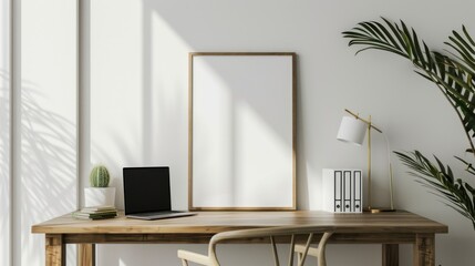 Home interior workspace with wooden table furniture and blank frame on white wall. AI generated