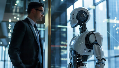 Robot Co-Workers: Businessmen find themselves collaborating with robotic colleagues in a futuristic office
