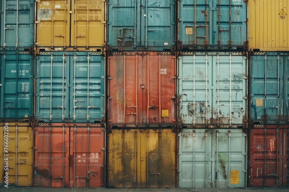 Poster a stack of colorful shipping containers, suitable for industrial and transportation concepts