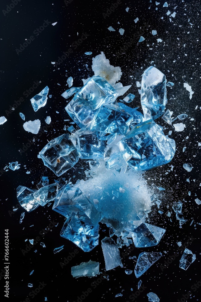 Poster a bunch of ice cubes on a black surface. perfect for food and beverage concepts