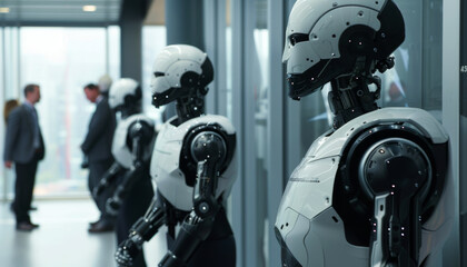 Robot Co-Workers: Businessmen find themselves collaborating with robotic colleagues in a futuristic office