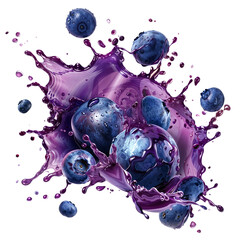 Fresh blueberries with Splashing Juice, Ideal for Vibrant Summer Advertisements, Health and Wellness Themes, Dynamic Food Presentation, or Citrus Product Promotion, isolated on transparent background