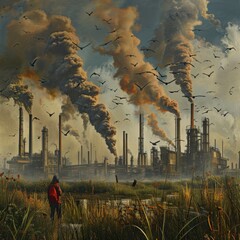 A solitary figure in red observes towering smokestacks belching thick smoke into the sky, contrasting the serene grassland foreground with the ominous industrial backdrop. - obrazy, fototapety, plakaty