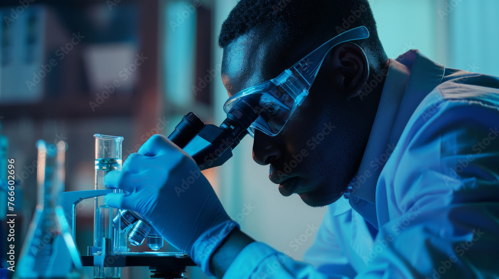 Poster a scientist peers through a microscope in a dimly lit lab.