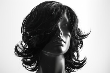 Front view of black wig on mannequin head isolated on white background