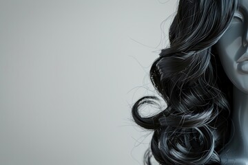 Black wig on mannequin head on white background - obrazy, fototapety, plakaty