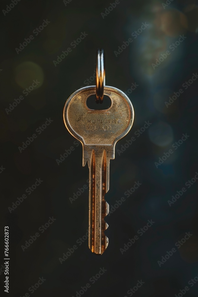 Poster A detailed close-up shot of a key hanging on a chain. Perfect for security or access concepts