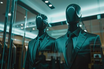 Male mannequin wearing business suit on showcase in store - obrazy, fototapety, plakaty