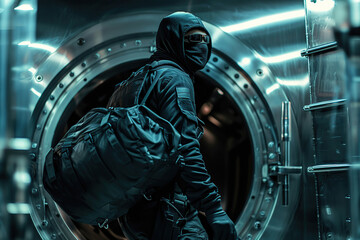 Bank robber in mask with big bag full of money