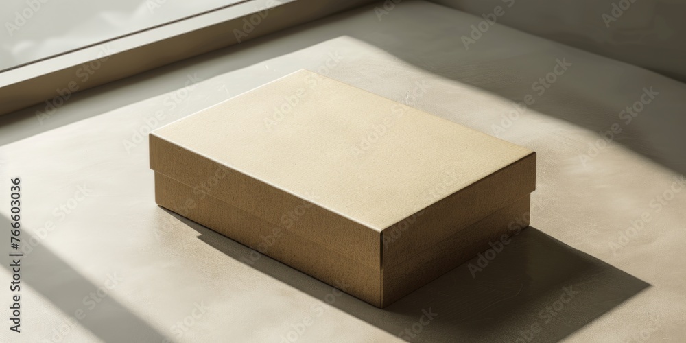Poster A box sitting on the floor in front of a window. Suitable for various concepts and designs