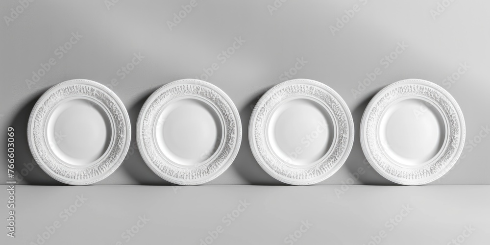 Poster A row of white plates sitting next to each other. Perfect for kitchen and dining concepts