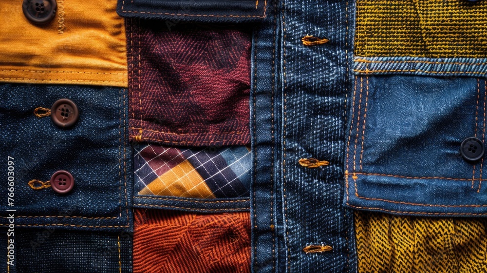 Poster detailed shot of a colorful patchwork jacket with unique buttons. perfect for fashion or diy project
