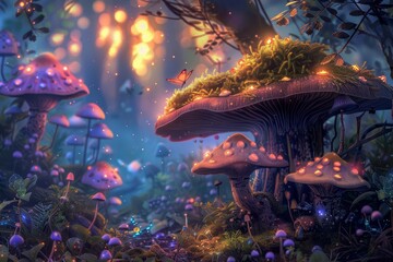 Obraz na płótnie Canvas Enchanting Fairy Garden with Glowing Mushrooms and Whimsical Creatures, Fantasy Digital Painting