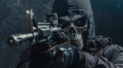 A man in a hood holding a gun. Suitable for crime and danger themes - obrazy, fototapety, plakaty