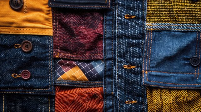 Detailed shot of a colorful patchwork jacket with unique buttons. Perfect for fashion or DIY projects