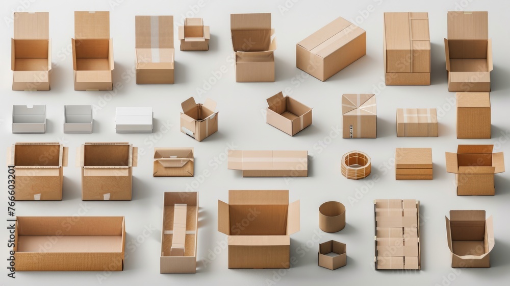 Poster Various cardboard boxes neatly arranged on a white background. Ideal for packaging or moving concepts