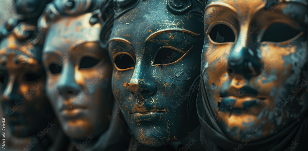 Poster various masks displayed on a table, suitable for events and celebrations
