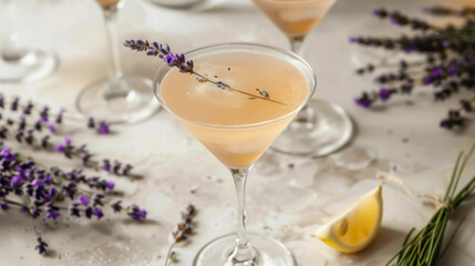 A glass of pink drink with a slice of lemon and lavender flowers on top. Concept of drinks,...