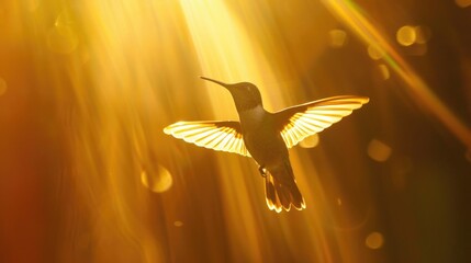 Naklejka premium A beautiful hummingbird flying with the sun shining in the background. Ideal for nature and wildlife concepts