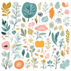 A collection of seamless pattern, colorful abstract plants and flowers. Hand drawn Collection of leaves and flowers. A close up of a pattern of flowers and leaves.
