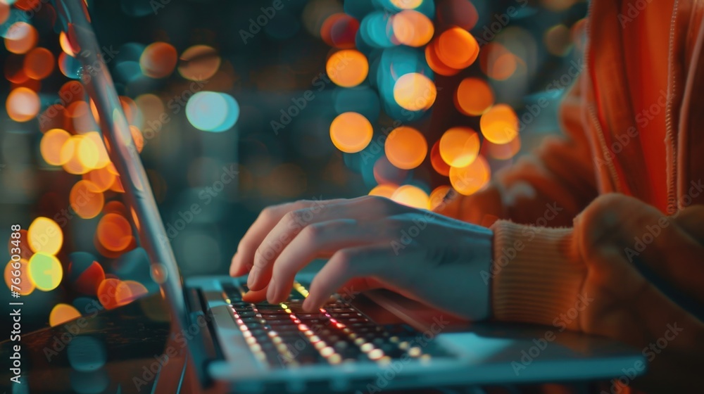Poster a person working on a laptop computer, suitable for business concepts