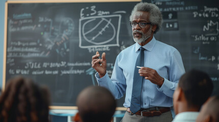A seasoned educator discusses complex topics with students in front of a chalkboard filled with formulas. - obrazy, fototapety, plakaty