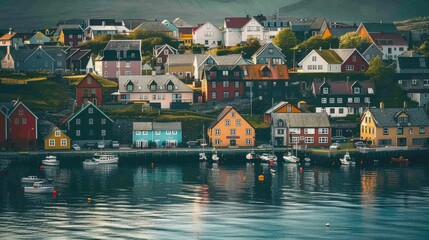 A scenic view of houses along a large body of water. Perfect for real estate or travel concepts - obrazy, fototapety, plakaty