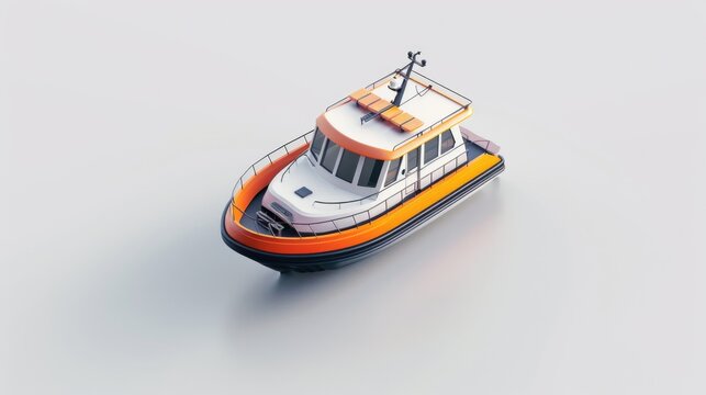 A small orange and white boat floating on top of a body of water. Ideal for travel and leisure concepts