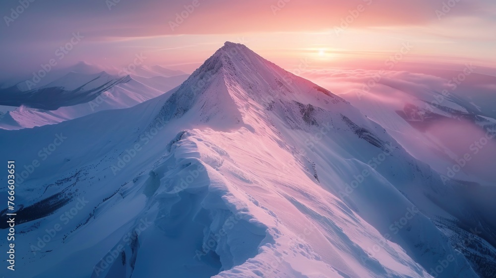 Poster a mountain covered in snow with a beautiful sunset in the background. ideal for nature and landscape