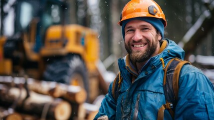 Forestry professional at work in winter, a lumberjack in safety gear - obrazy, fototapety, plakaty