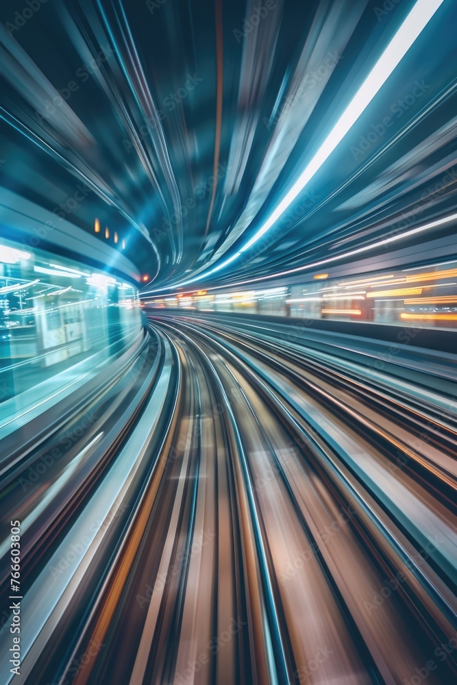 Poster blurry image of a train going through a tunnel. suitable for transportation concepts