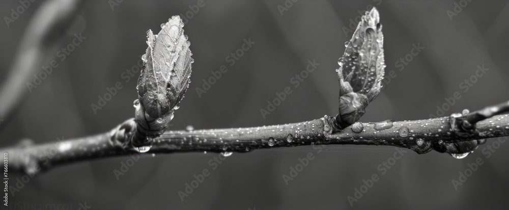 Poster close up of a branch with water droplets, ideal for nature concepts