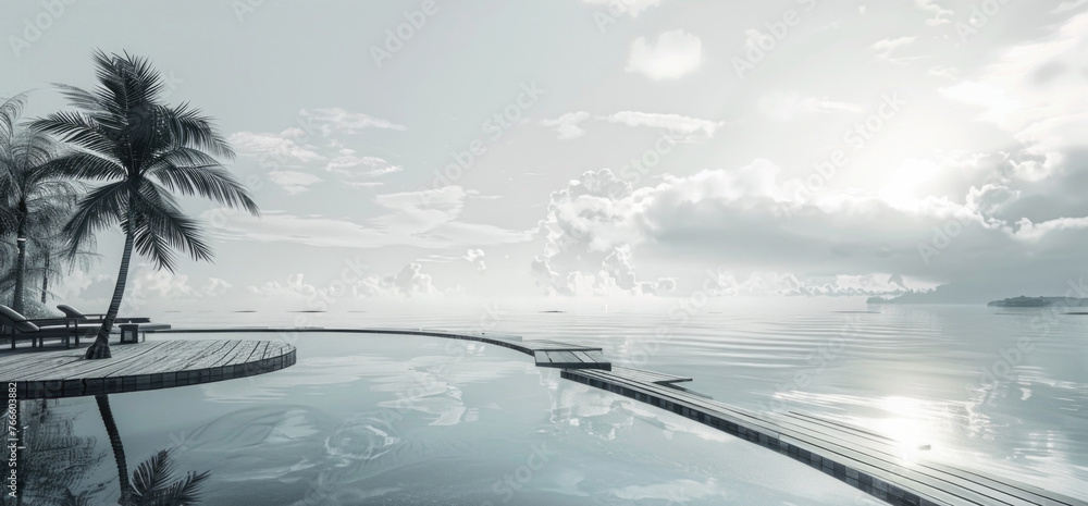 Poster a serene pool with a dock and lush palm trees in the background. ideal for travel and vacation theme
